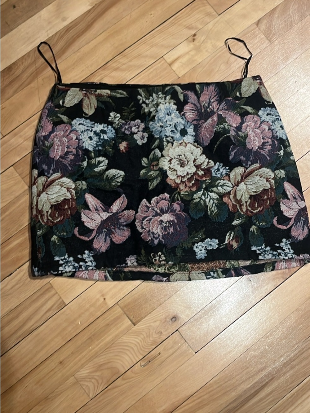 Floral Tapestry Mini Skirt - Black with Pink & Green Floral